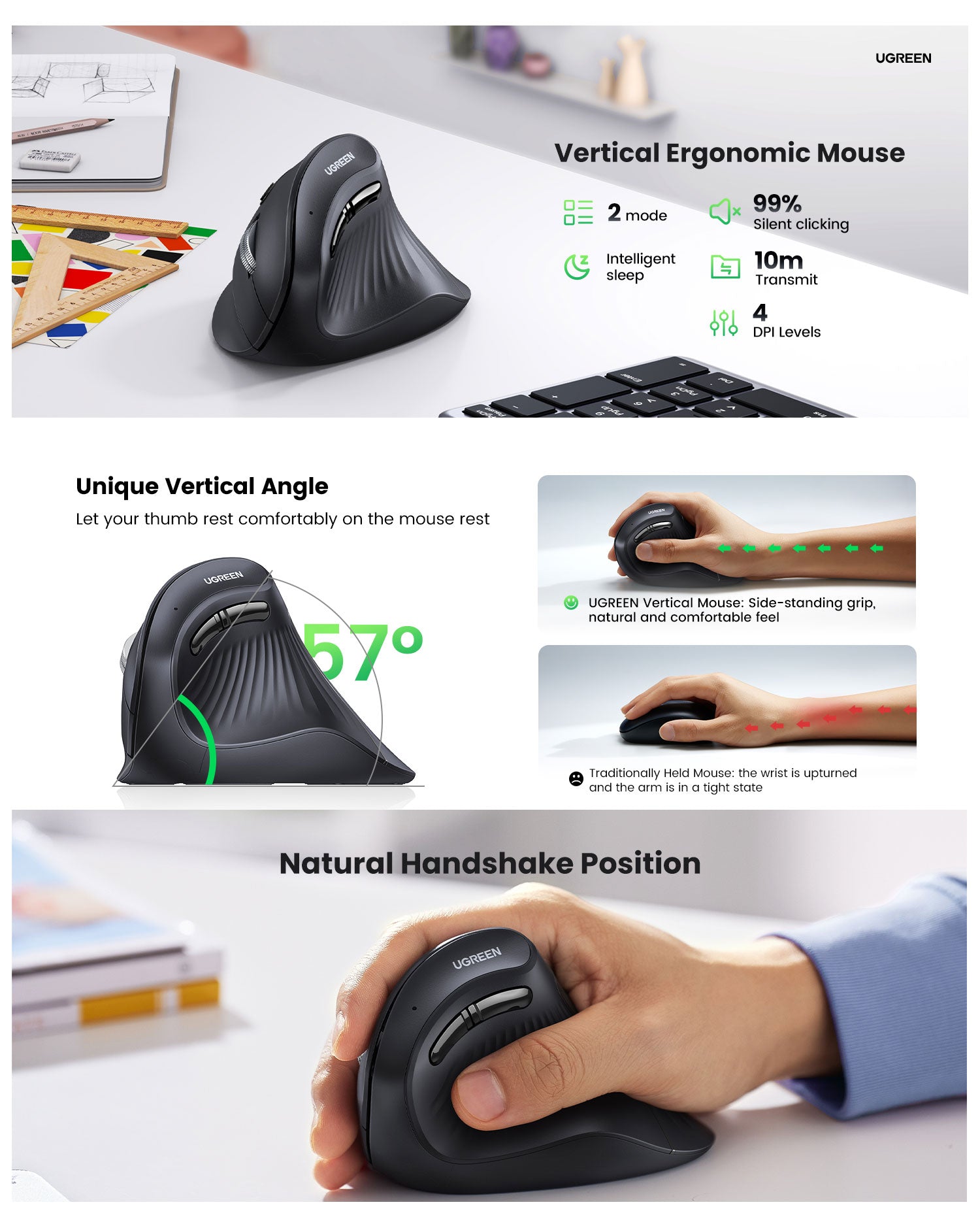 UGreen Vertical Mouse Wireless Bluetooth 5.0+ 4000 DPI Max Ergonomic Mouse with 5 Buttons 25444 — 8