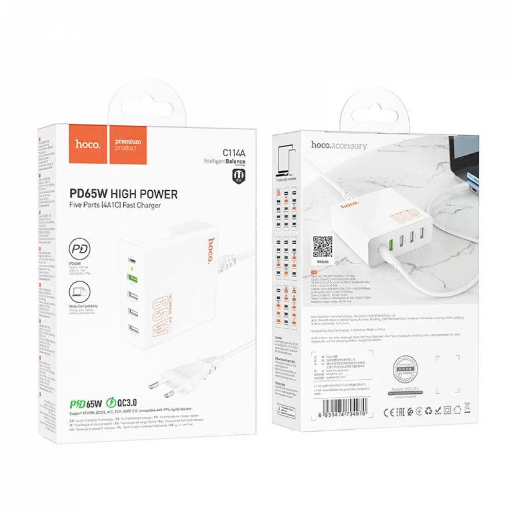 HOCO C114A Vision PD – Wall Charger with Five Ports 65W — 2
