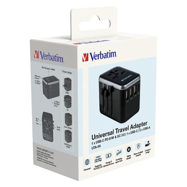 Universal adapter Verbatim UTA-04 Plug with USB-A to USB-C PD& QC USB-A to USB-C & 3 USB-A to USB-A ports — 5
