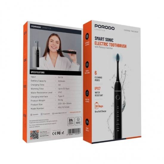 Porodo Lifestyle Smart Sonic 6-Mode Electric Toothbrush with 4 Brush Heads — 4