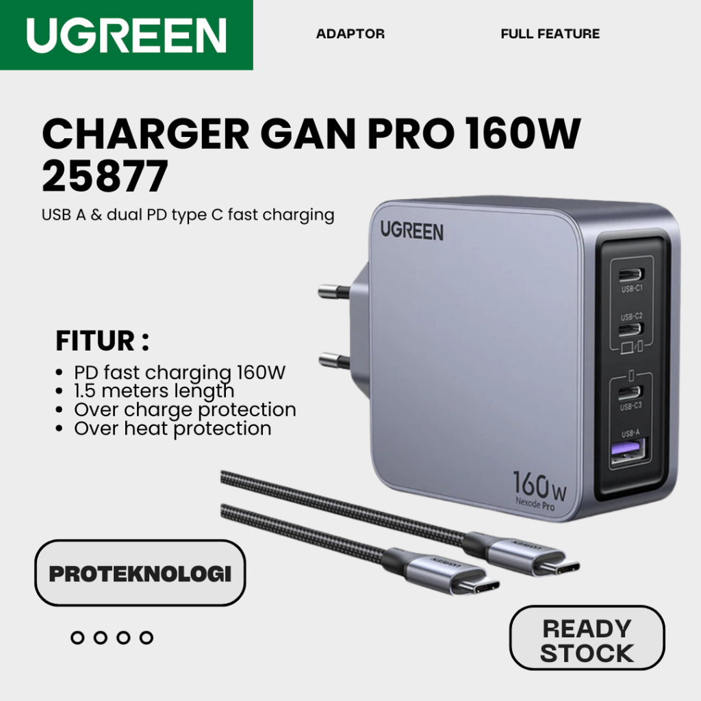 UGREEN Nexode Pro 4 port GaN Fast Charger Set EU 25877 220V to 3 USB-C and one USB-A 5V 160Wt Charger 160W — 3