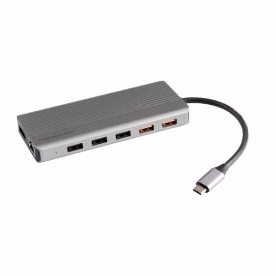 Adapter Powerology 12in1 USB-C Hub HDMI Type-C PD Ethernet VGA USB SD MicroSD 3.5AUX 100W — 2