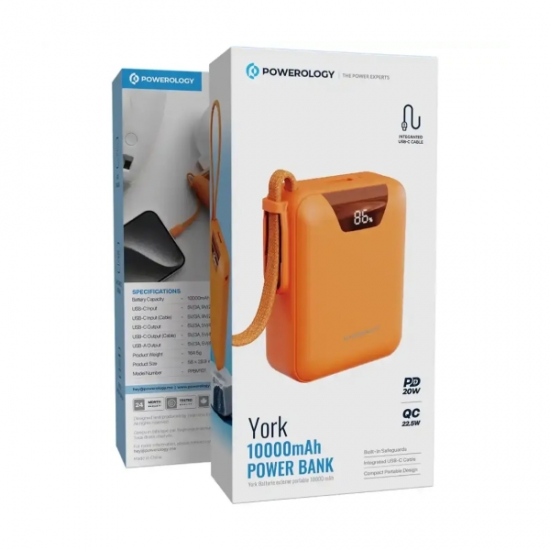 Powerology York SuperMini 10000mAh Power Bank with PD 22 W & Built-in Type-C — 2