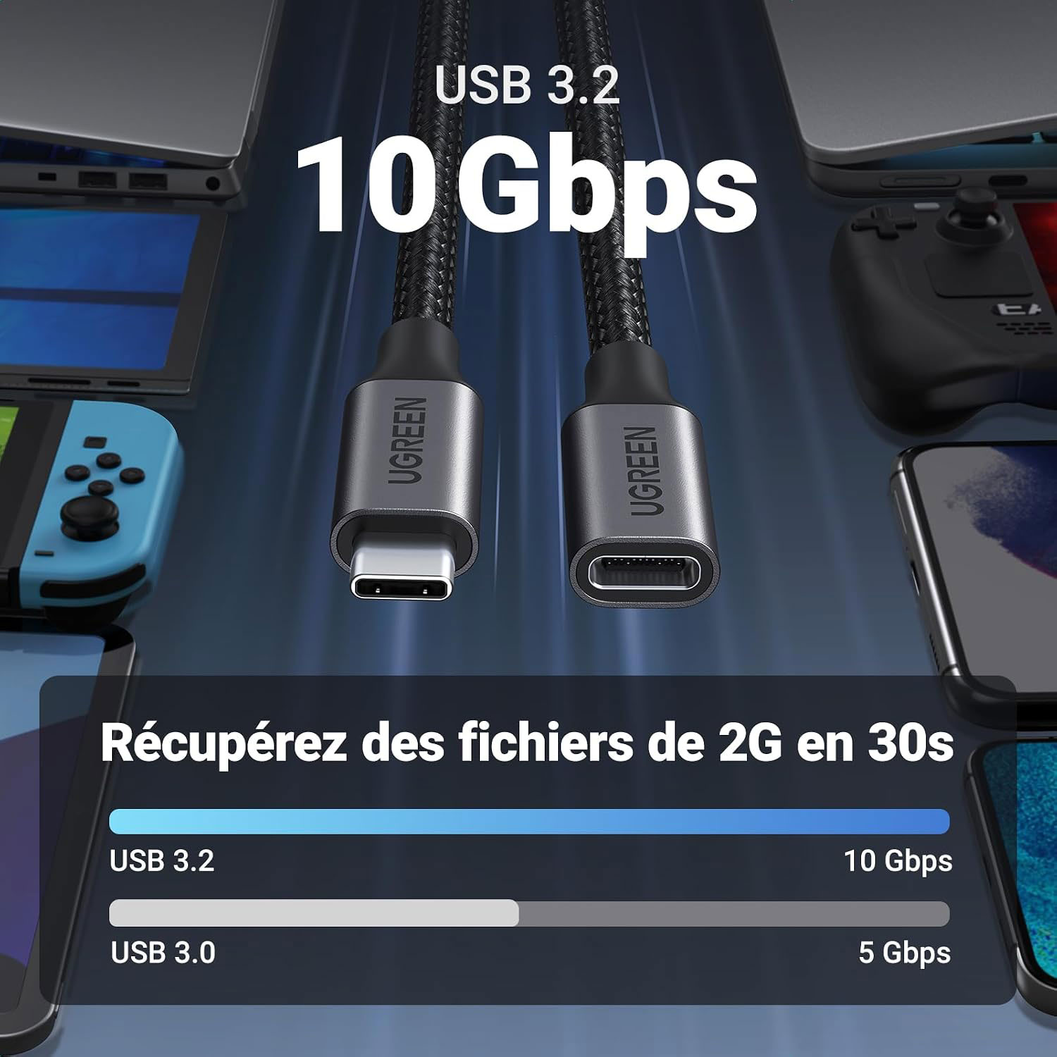 Cable UGREEN USB-C 3.2 Gen2 to USB-C Extension 100W 4K60Hz Video Braided 45191 — 4