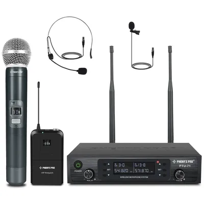 Wireless microphone system Phenyx Pro PTU-71-1H1B-EU Dual UHF Wireless Microphone System w Auto Scan 1Handled 1 Bodypack