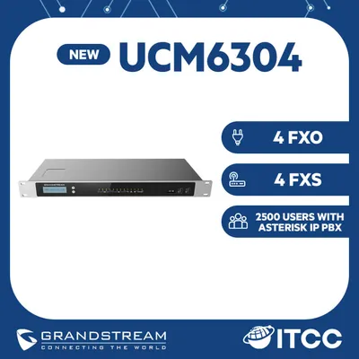 Video-call phone system Grandstream UCM6304 with 8 ATE lines, 200 concurrent calls, 2000 IP phones, 128x32 dot-matrix graphic LCD with DOWN and OK buttons, Asterisk 16 OS