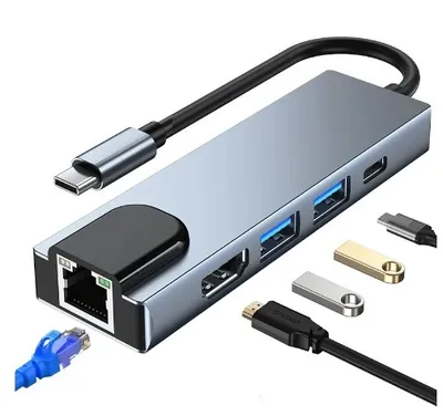 Type-C multiport 5 in 1 adapter with LAN Type-C multiport adapter with LAN USB 3.2 Type-C 2xUSB 3.0 HDMI Adapter and Multiport HUB with LAN