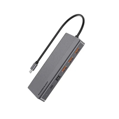Adapter Powerology 13in1 USB-C Hub HDMI Type-C PD Ethernet VGA USB SD MicroSD 3.5AUX 100W