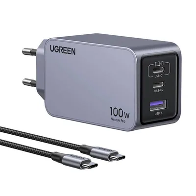 Charger UGREEN Nexode Pro 3 port GaN Fast Charger EU 25874 220V to two USB-C and one USB-A 5V 100Wt Charger 100W