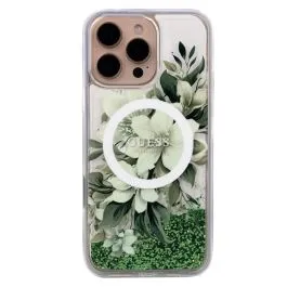 Чехол iPhone 16 Pro Guess Magsafe Liquid Glitter Hard Flower Design