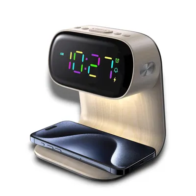 Lion Bedside Clock With Wireless Charger Wood